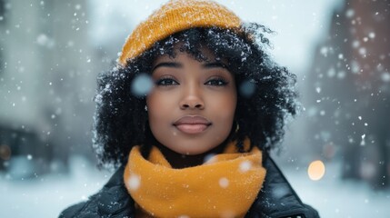 A young woman in a yellow hat and scarf smiles warmly in a snowy urban setting, embodying winter joy and style.