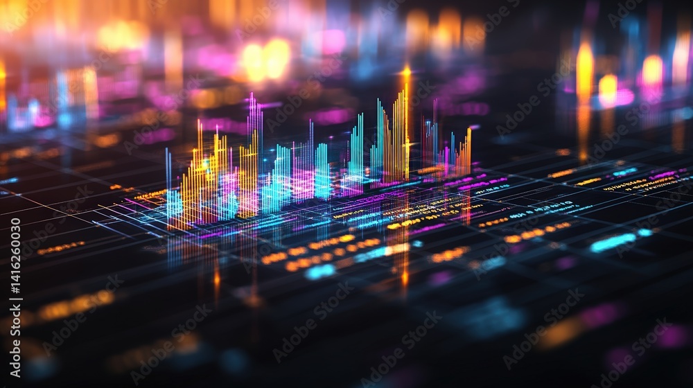 Poster stylized digital cityscape with vibrant neon colors representing a futuristic network of interconnec