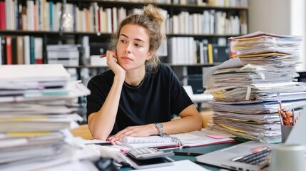 A young woman sits at a cluttered desk surrounded by stacks of papers, lost in thought, symbolizing workplace stress and productivity.