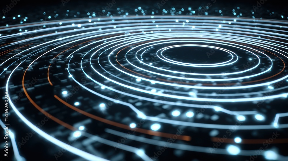 Poster abstract digital art showcasing glowing circular patterns and lines, symbolizing interconnected netw