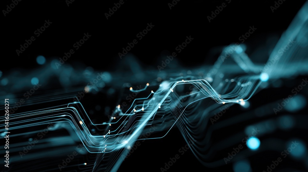 Poster Abstract digital lines and waves create a dynamic representation of data flow in a modern technological landscape.