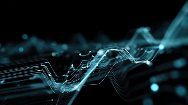 Abstract digital lines and waves create a dynamic representation of data flow in a modern technological landscape.