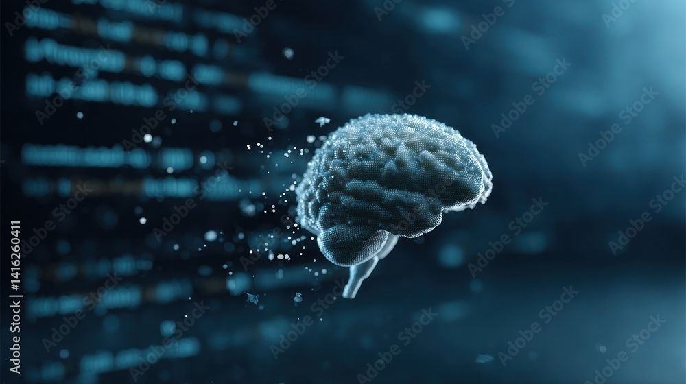 Poster abstract representation of a brain with digital elements, symbolizing intelligence, innovation, and 