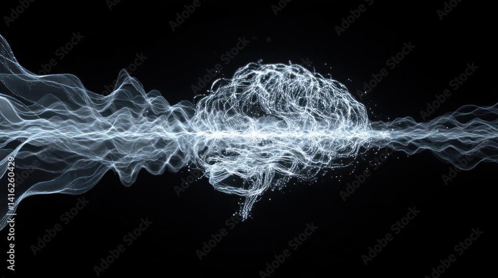 Poster abstract representation of the brain showcasing neural pathways through luminous waves and lines on 