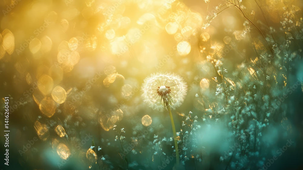Poster gentle glow of dandelion seeds in soft focus with ethereal bokeh background creating a dreamy atmosp