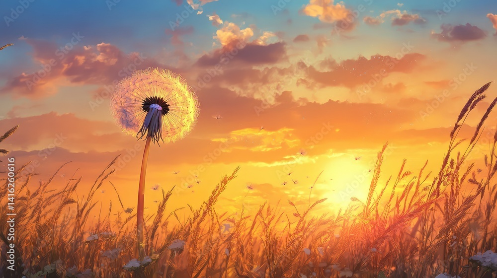 Poster serene sunset with a dandelion puff in a golden field surrounded by soft fluffy grass and a colorful