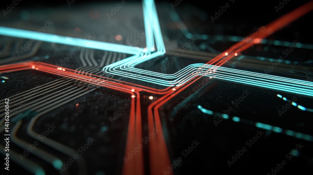Poster close-up of intricate circuit patterns showcasing the blend of red and blue lines, symbolizing commu