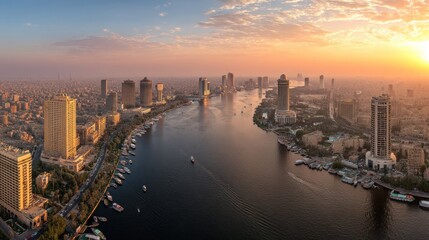 Fototapeta premium Breathtaking sunset view over a vibrant city skyline alongside a majestic river, showcasing stunning modern architecture and natural beauty.