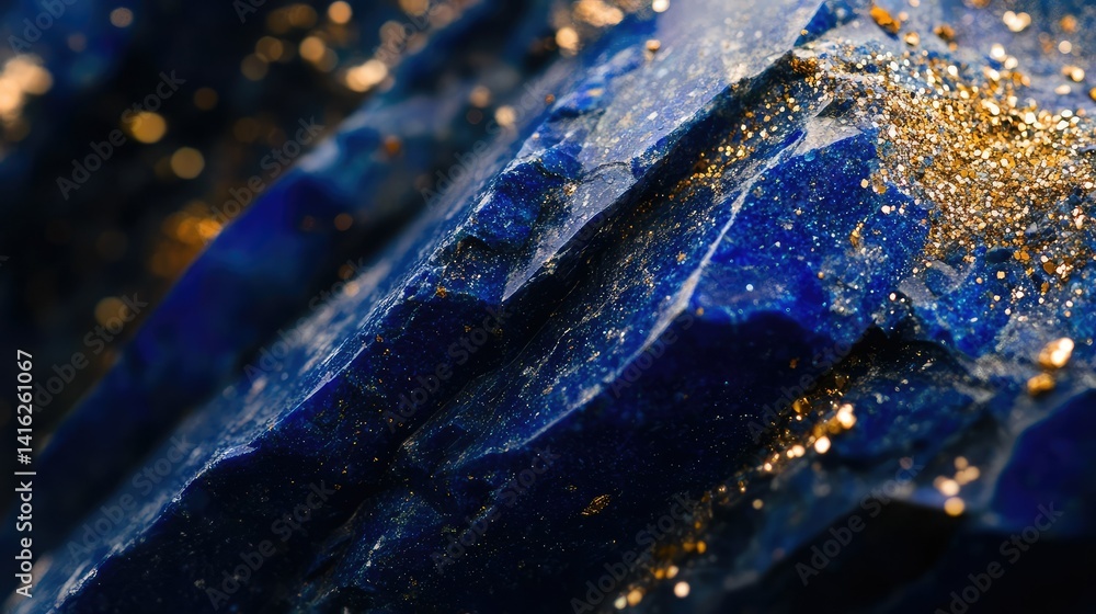 Poster captivating close-up of deep blue lapis lazuli stone with golden sparkles under soft light highlight