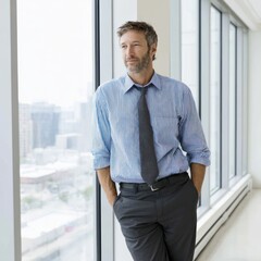Fototapeta premium Confident businessman stands by the window in a modern office, gazing thoughtfully at the city skyline in the background.