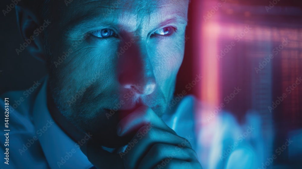Poster focused businessman analyzing data on a futuristic screen while contemplating strategies for success