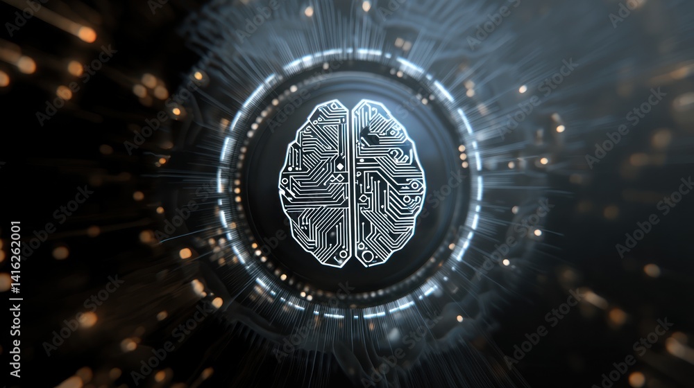 Poster futuristic design of a brain with circuit patterns, symbolizing artificial intelligence and digital 