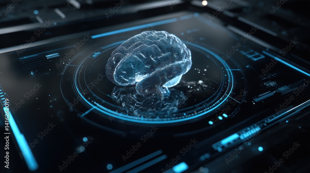 Poster futuristic digital brain visualization showcasing advanced technology and innovation in neuroscience