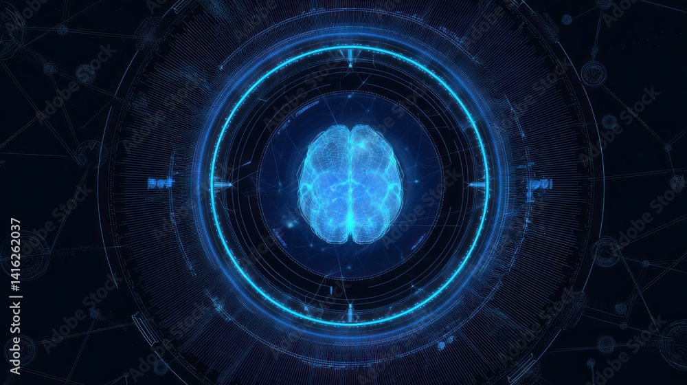 Poster futuristic digital brain visualization representing deep learning and artificial intelligence techno