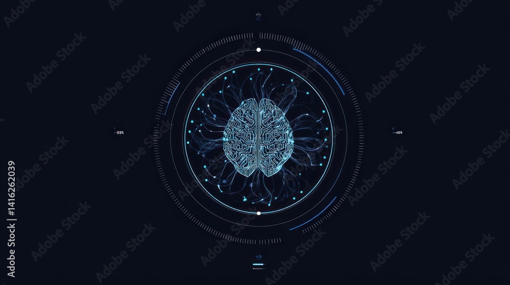 Poster futuristic digital brain visualization with intricate neural connections depicting artificial intell