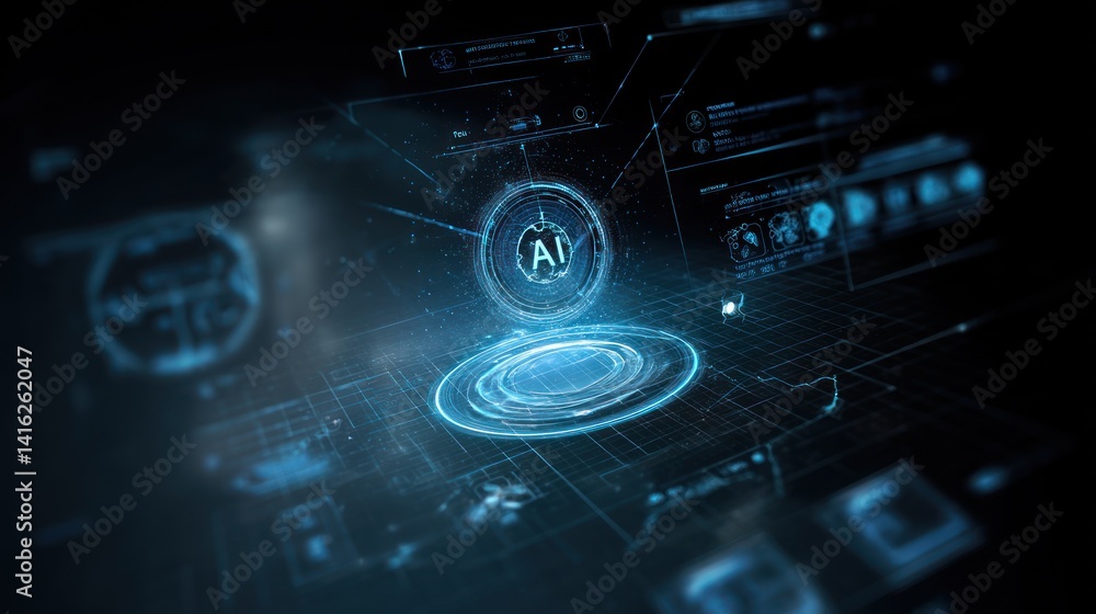 Poster futuristic digital interface showcasing artificial intelligence and advanced technology in a sleek, 