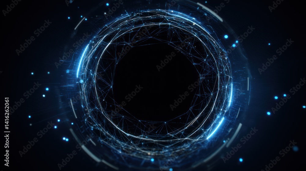 Poster futuristic digital interface with glowing blue particles creating a mesmerizing circular pattern aga