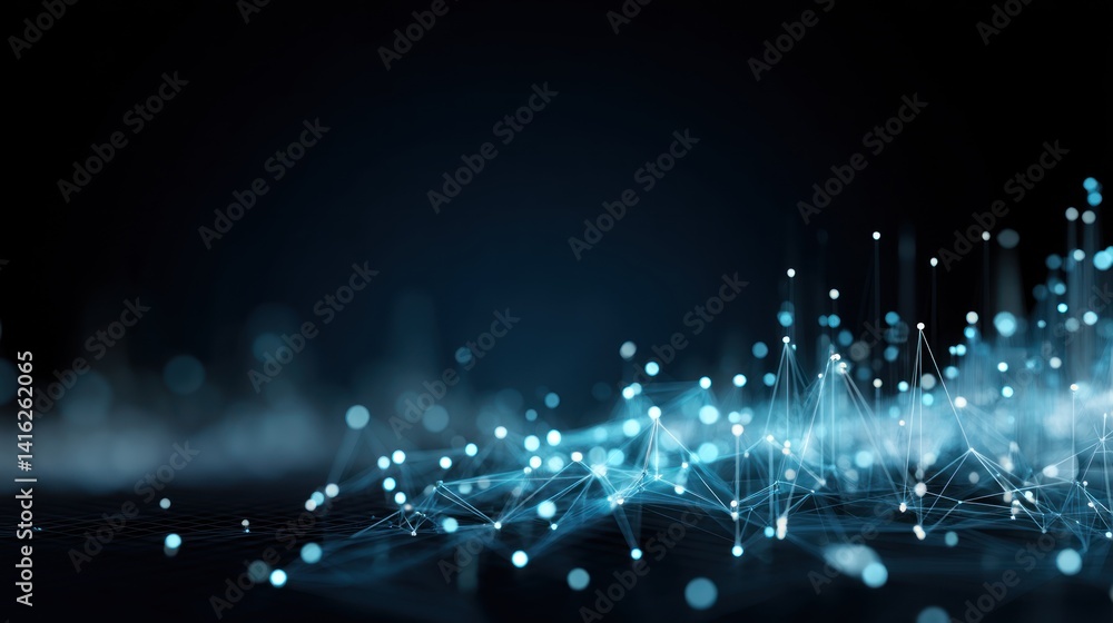 Poster futuristic digital landscape with glowing points and lines representing data connectivity and innova