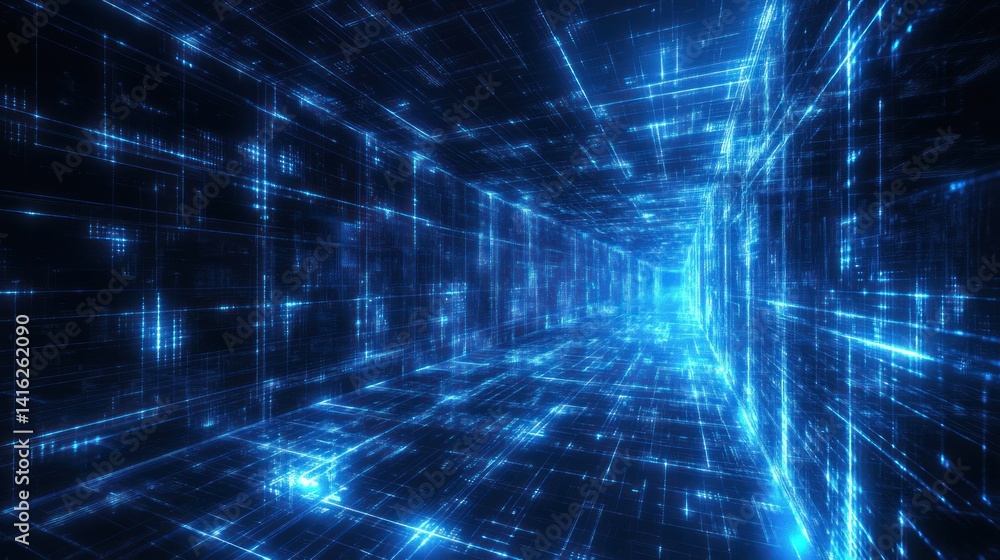 Poster futuristic digital tunnel featuring glowing blue lines and abstract patterns, representing advanced 