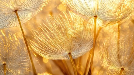 Delicate Beauty of Dandelion Seeds Backlit by Warm Golden Light, Showcasing Nature's Intricate Patterns and Textures in a Dreamy, Ethereal Atmosphere