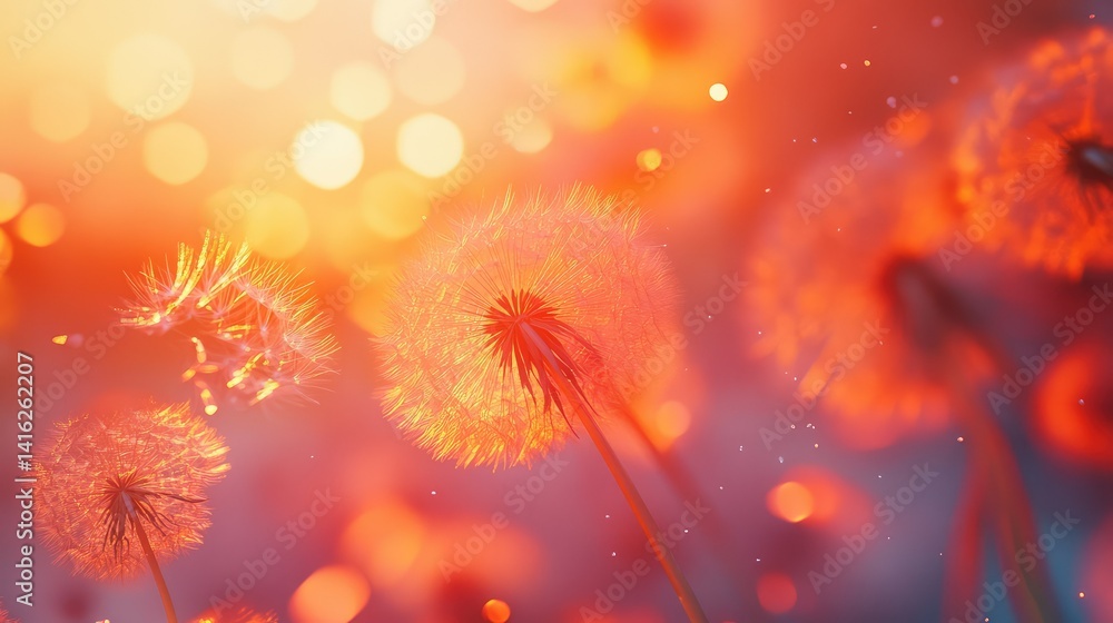 Poster captivating close-up of dandelion seeds in dreamy atmosphere with warm hues and soft bokeh effect cr