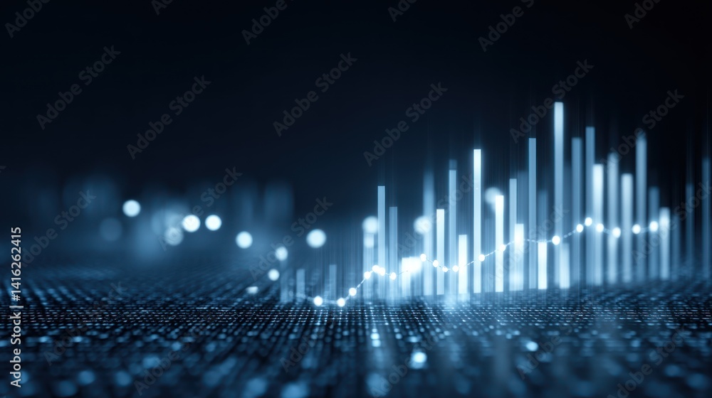 Poster spatial representation of vibrant data visualization with glowing bars against a dark backdrop, symb