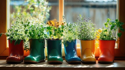 Vibrant and Colorful Rubber Boots Filled with Green Herb Plants on a Brightly Lit Sunny Window Shelf in a Cozy Indoor Garden Setting