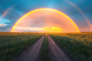 Rainbow arching over an open field with green grass and a dirt road leading to the horizon, symbolizing hope after rain.