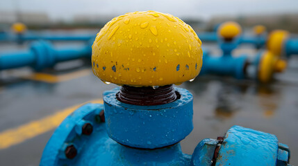 Close-up of a yellow capped valve on a blue pipeline. Water droplets on the cap
