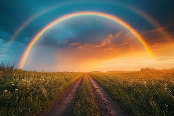 Obraz premium Rainbow arching over an open field with green grass and a dirt road leading to the horizon, symbolizing hope after rain.