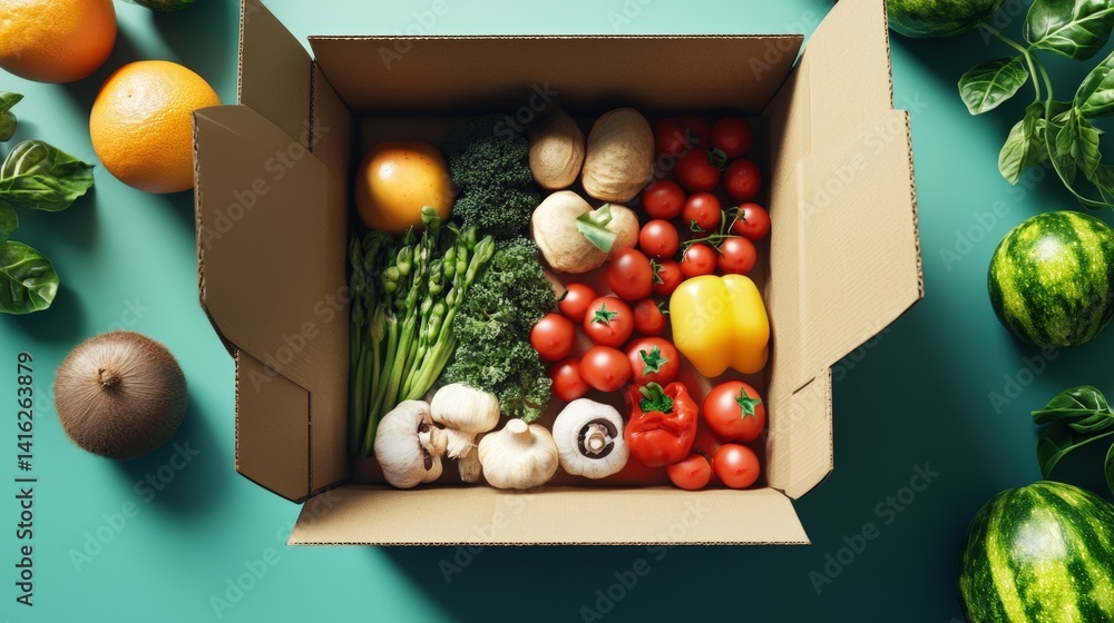 Poster overhead view of a cardboard box overflowing with fresh colorful produce including oranges broccoli 