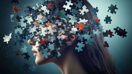 Abstract artwork captu a woman's profile merged with puzzle pieces representing landscapes, symbolizing fragmented memories and complex identity themes