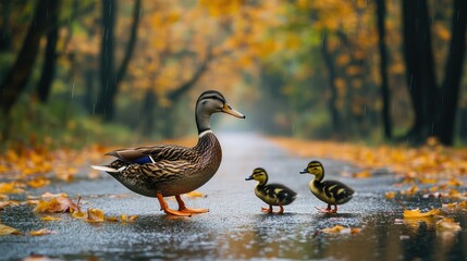 Fototapeta premium A mother duck leads her adorable ducklings along a rain-soaked path adorned with vivid autumn leaves, capturing the essence of nature's beauty in a tranquil setting.