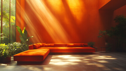 Sunlit Orange Living Room with Modern Sofa and Plants.ai generated