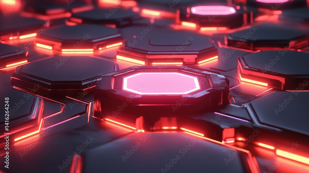 Poster futuristic hexagonal pattern with neon luminescent lights in dark environment, perfect for technolog