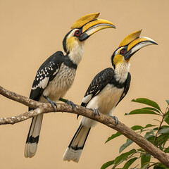 Obraz premium Great hornbills, front-facing full-body view of two majestic hornbills perched together, showcasing their large, colorful beaks and striking black and yellow plumage against a lush forest backdrop.