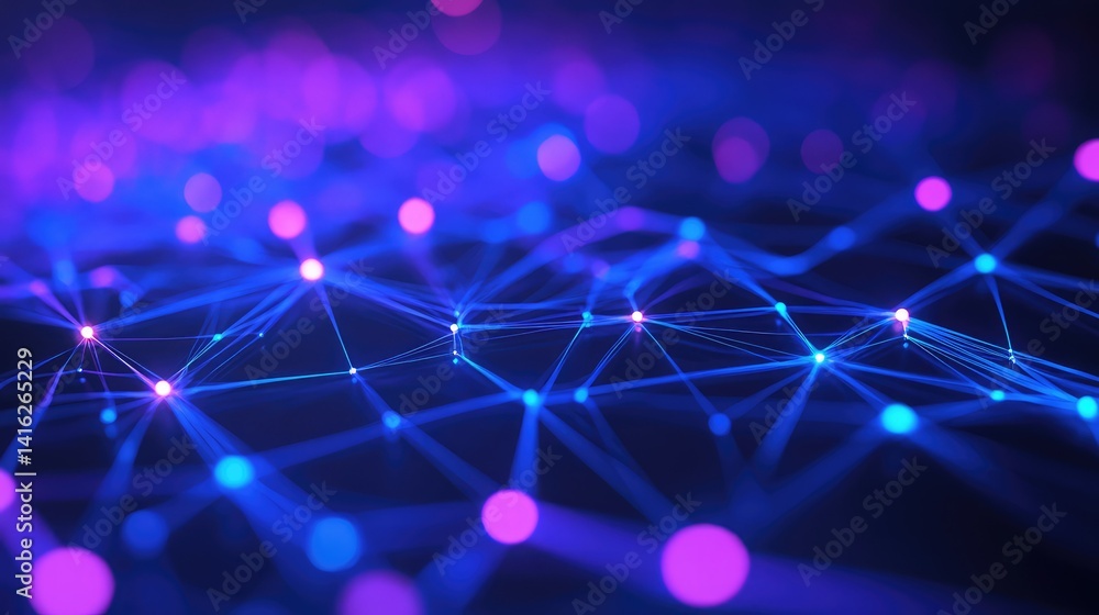Poster abstract representation of a digital network with glowing blue and purple nodes interconnected by vi