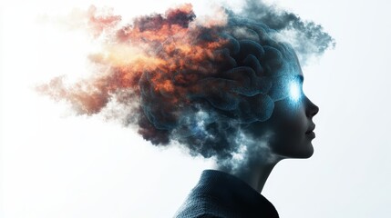 A surreal portrait of a woman with a head made of swirling smoky clouds in gray, orange, and blue, featu glowing blue accents in her eyes
