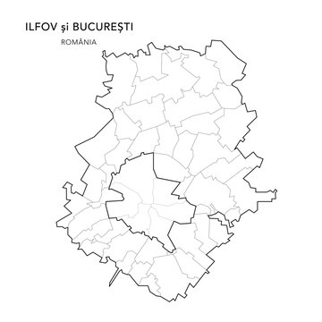 Vector Map of Ilfov County (Județul Ilfov) and Bucharest (București) with all Administrative Territorial Units (UAT) including Municipalities, Towns, Communes and Bucharest Sectors - Romania 2025