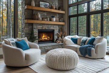 Fototapeta premium Elegant living room with fireplace, neutral beige and light gray palette, comfortable seating, turquoise accents, and natural light from large windows.