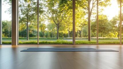 Two Yoga Mats Positioned on a Light Wood Floor in Front of Expansive Showcasing a Sun-Drenched Park-Like Setting and Natural Serenity