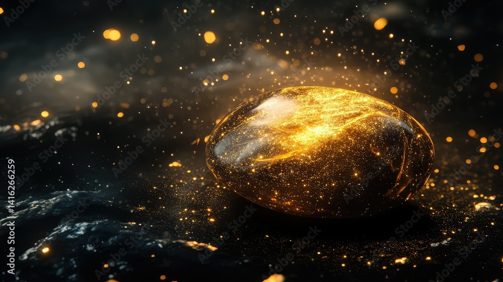 Poster a stunning close-up of a glimmering gold nugget surrounded by sparkling particles and ethereal light