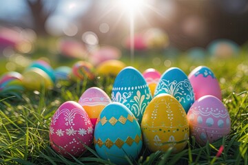 Colorful Easter Eggs on Lush Grass Celebrating a Bright Sunny Easter with Soft Focus