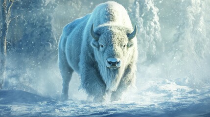 Majestic White Buffalo Walking Through a Snowy Forest Landscape Under Soft Winter Light with Snowflakes Falling in a Serene Winter Wonderland Scene
