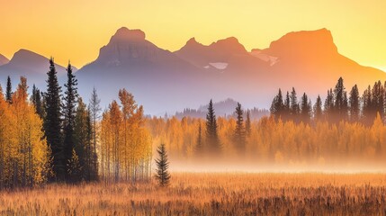 Obraz premium Majestic Sunrise Over Mountain Range with Vibrant Autumn Colors and Misty Landscape in Tranquil Nature Scene