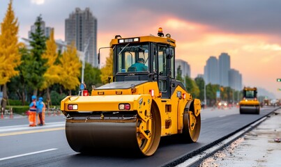 Asphalt road roller at sunset, urban backdrop
