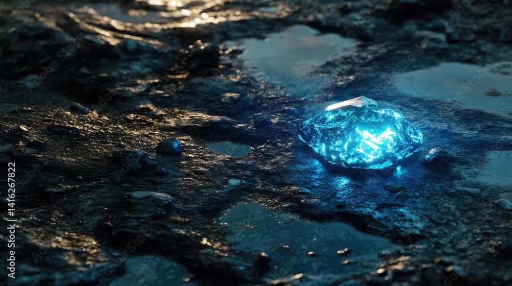 Aufkleber blue crystal fragment illuminated on wet ground surface reflecting light in a dark environment, crea