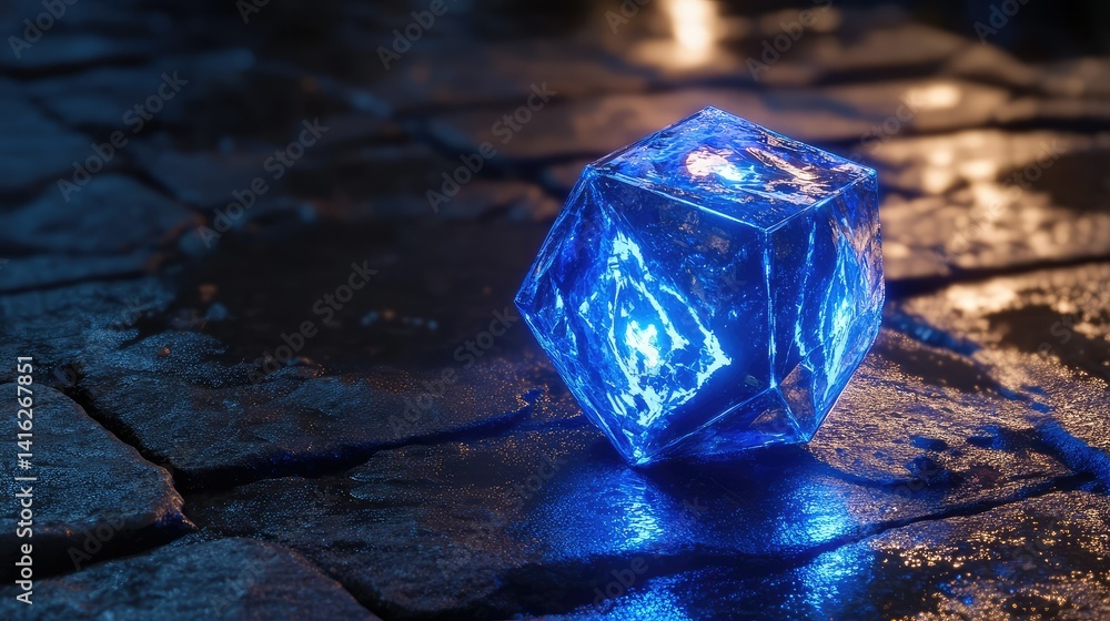 Aufkleber a blue glowing ice cube on wet stone surface at night capturing the essence of mystery and enchantme