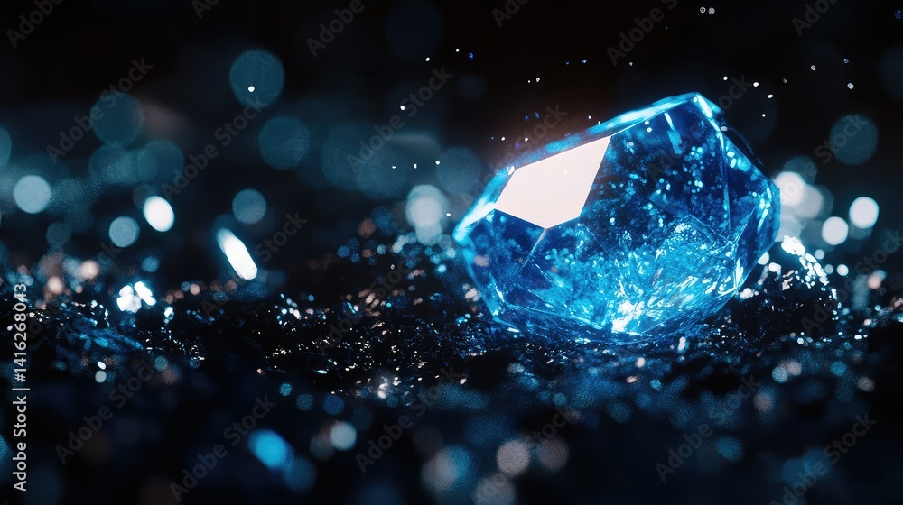 Poster sparkling blue gemstone on glimmering surface with water drops and light reflections creating an enc