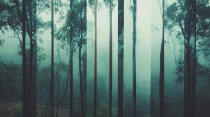 Obraz premium Ethereal forest: vertical tree line segments in mist 